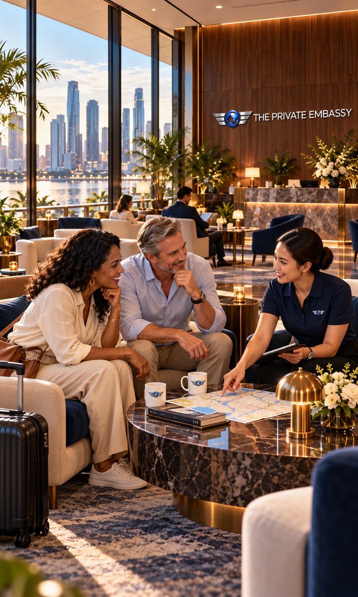 Concept rendering of travelers receiving arrival advice from a Private Embassy Officer