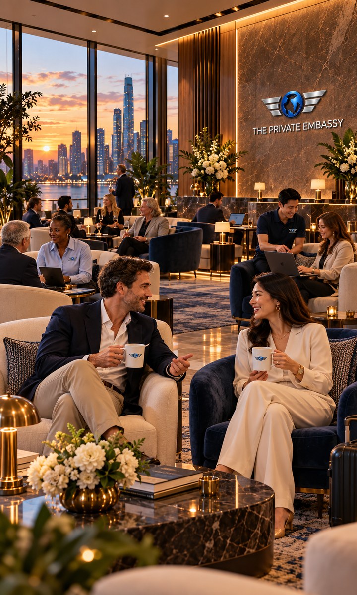 Concept rendering of a busy Private Embassy lounge with travelers gathering