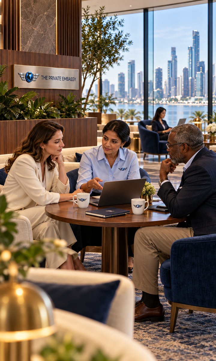 Concept rendering of travelers working over coffee inside a Private Embassy lounge